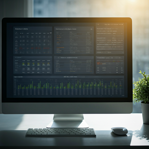 high-tech clean office environment with a professional financial dashboard displayed on a sleek monitor in natural morning light