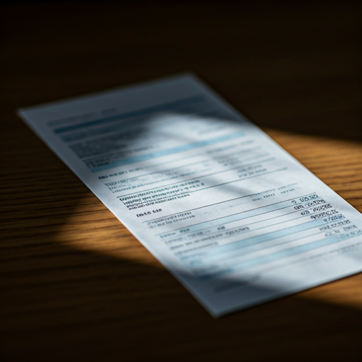 close-up of a bank payslip or financial document partially obscured by soft shadows on a desk
